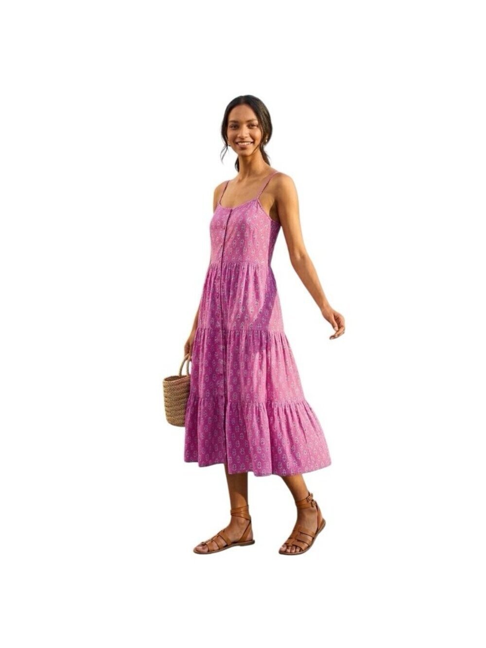 J. Crew Festive Pink Strappy Midi Dress Size 0  Cotton Tiered Button Front New